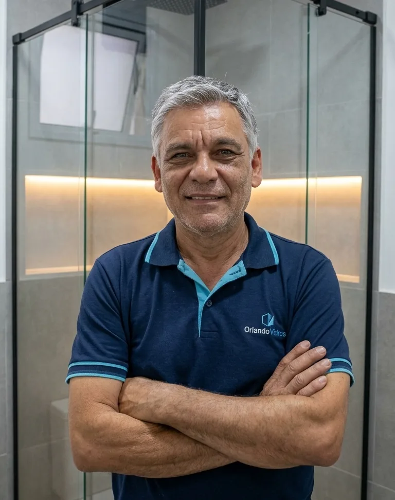 Orlando, vidraceiro, de braços cruzados com a camisa da Orlando Vidros